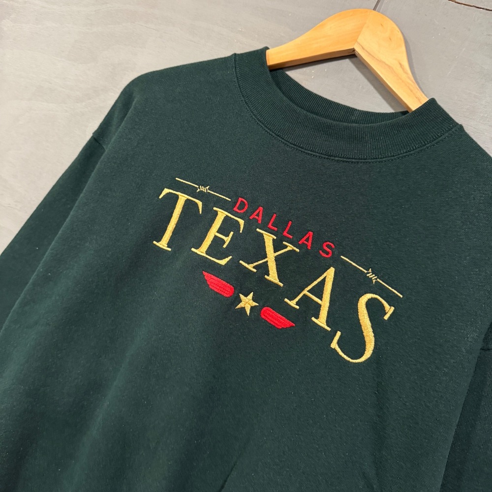 Vintage Crewneck Sweatshirt Green Dallas Texas Embroidered Large - Picture 2 of 7